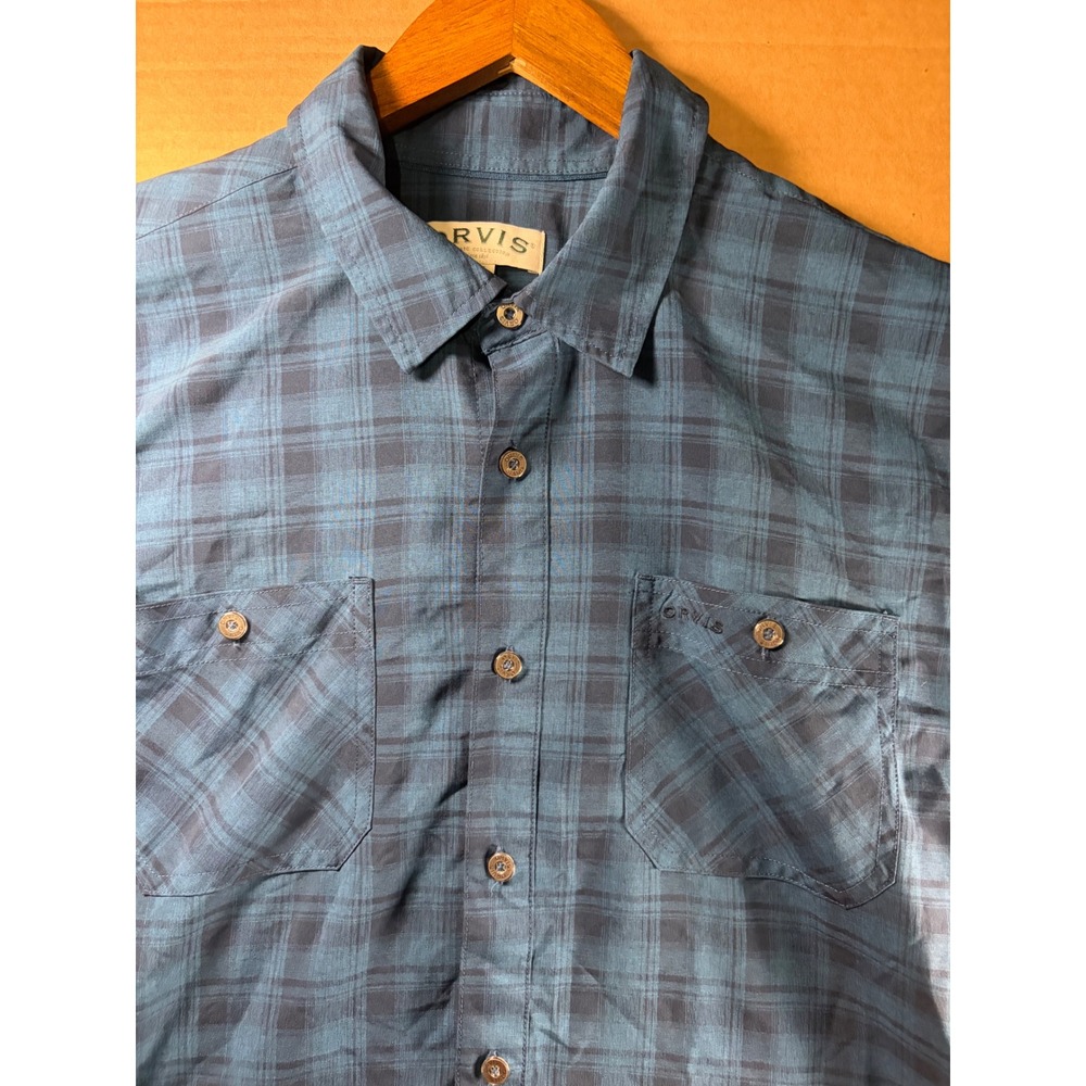 Orvis Shirt Mens Large Blue Plaid Short Sleeve Button Up Classic Collection Top
